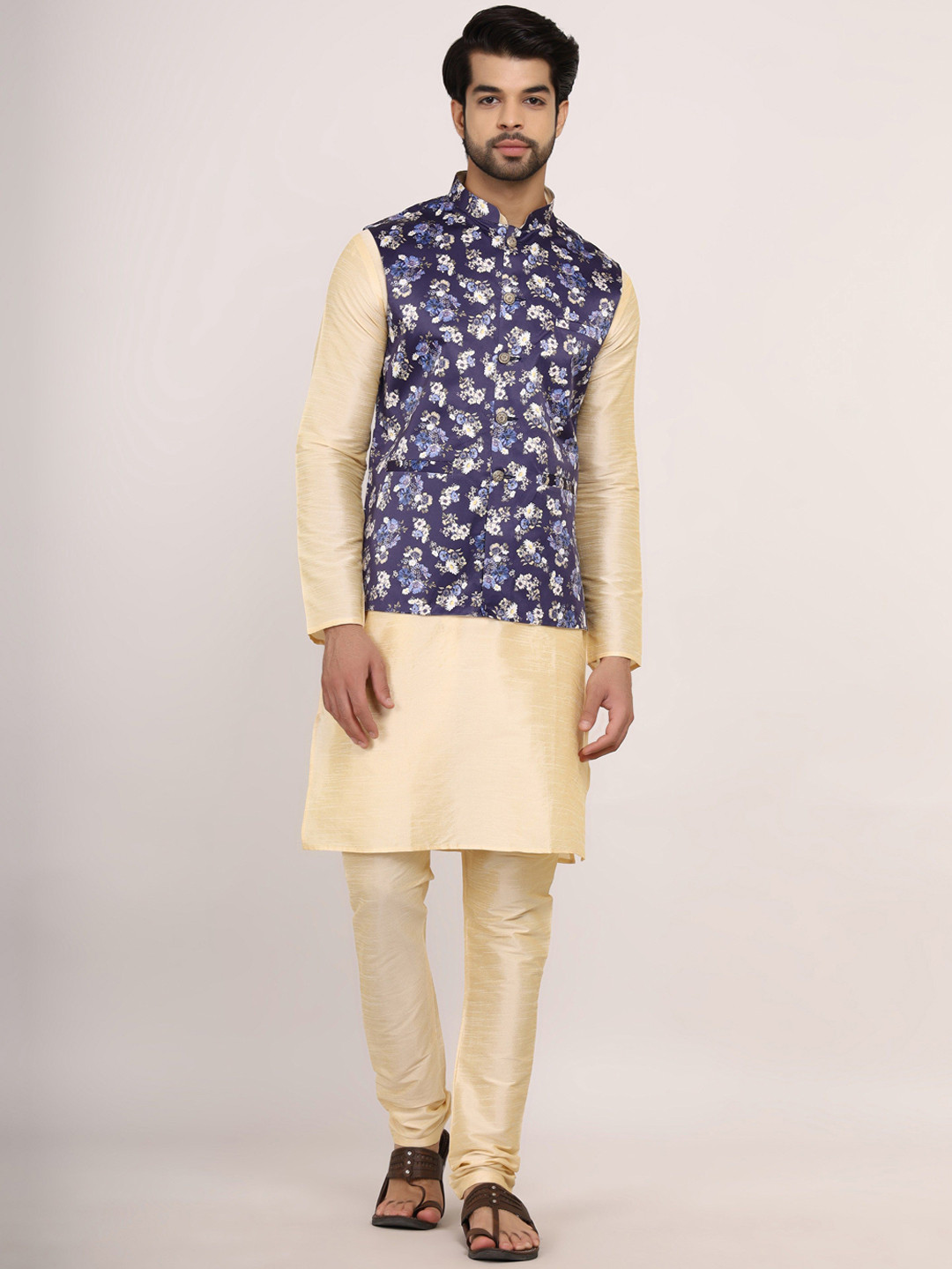 Sadree Self Design Dupion Silk Straight Kurta With Churidar & Floral Nehru Jacket