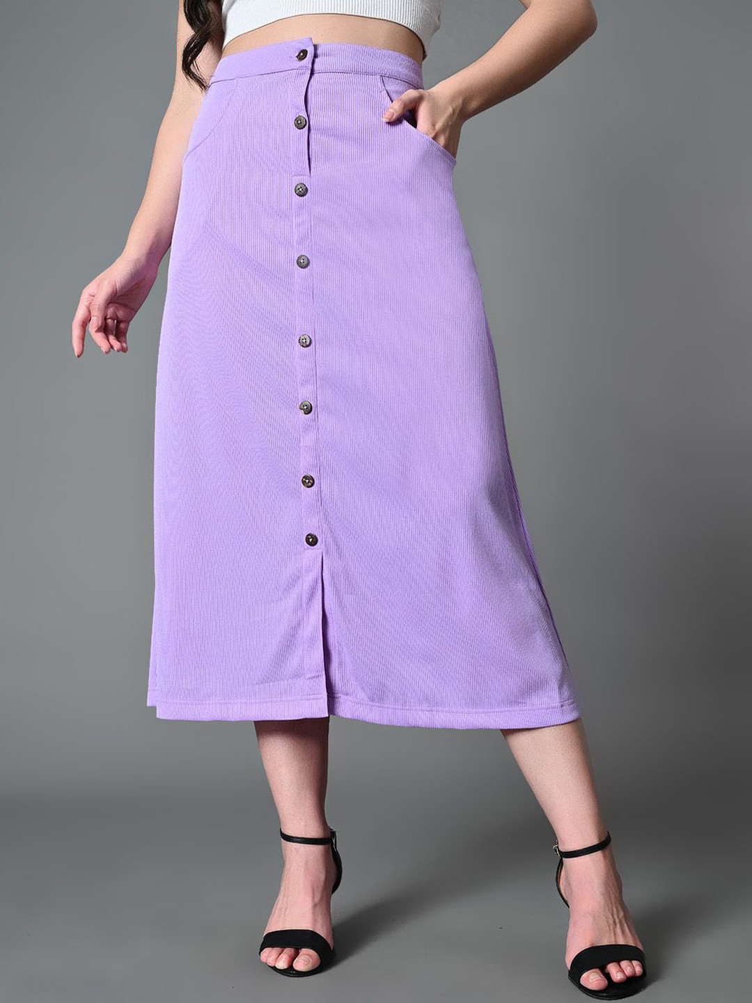 The Roadster Lifestyle Co Ribbed  A-Line Midi Skirt With Front Slit