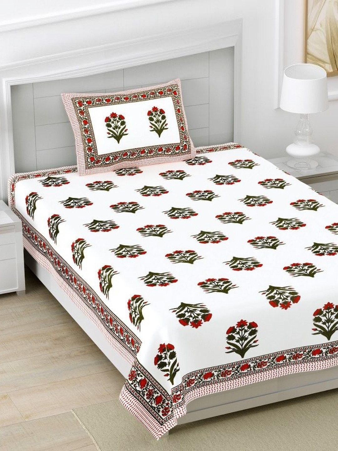 HOMELINE Red Ethnic Motifs Cotton 160 TC Single Bedsheet with a Pillow Cover-100 x 59 inches