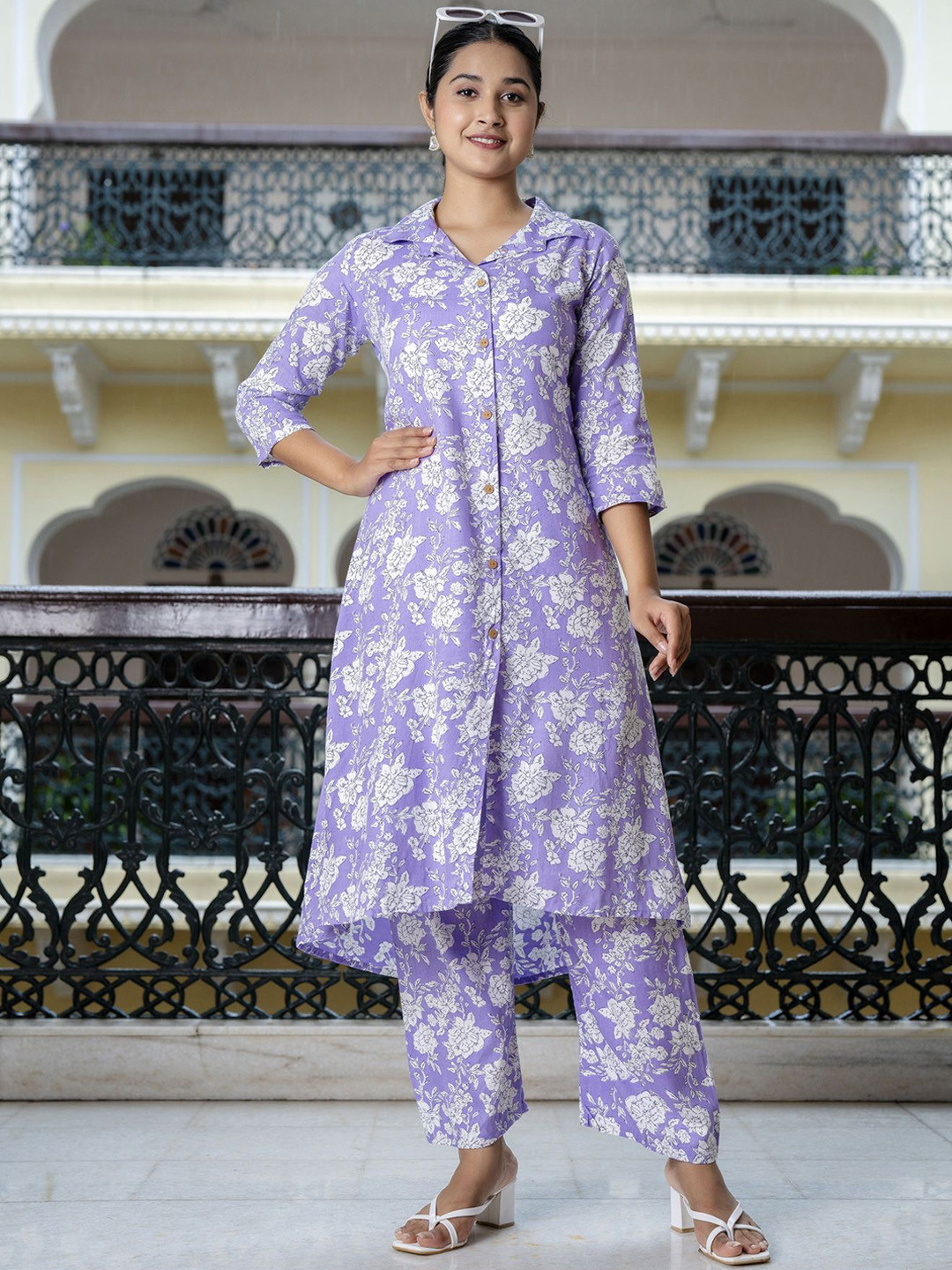 Dress21 Floral Printed Regular Pure Cotton A-Line Kurta with Trousers