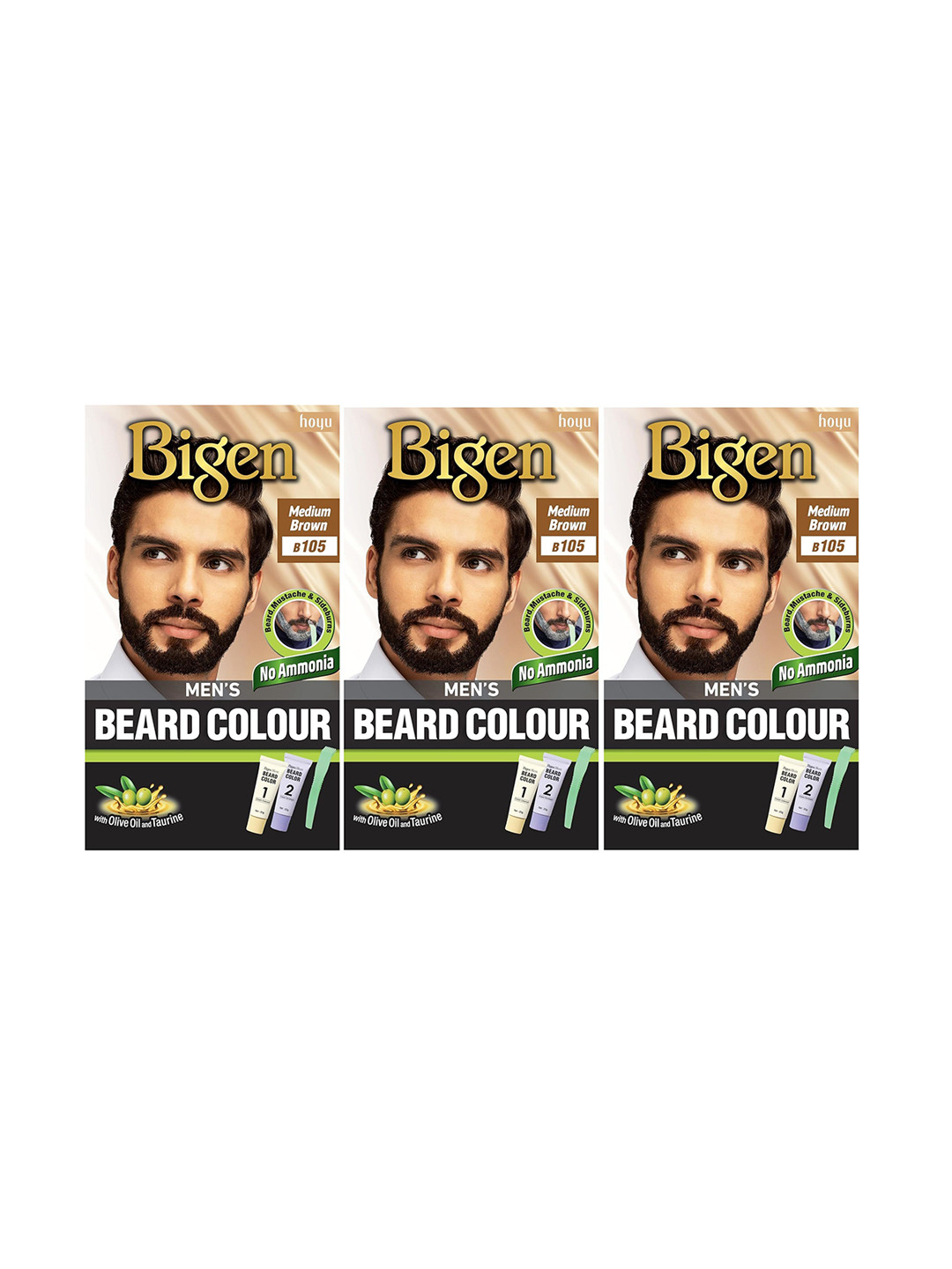 Bigen Set Of 3 Beard Colour- Medium Brown B 107-40g Each