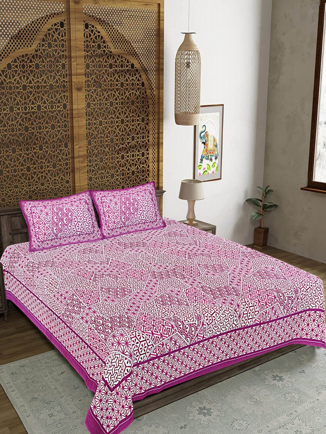 FrionKandy Living Purple Ethnic Motifs Cotton 180 TC King Fine Bedsheet with 2 Pillow Covers-106 x 108 inches