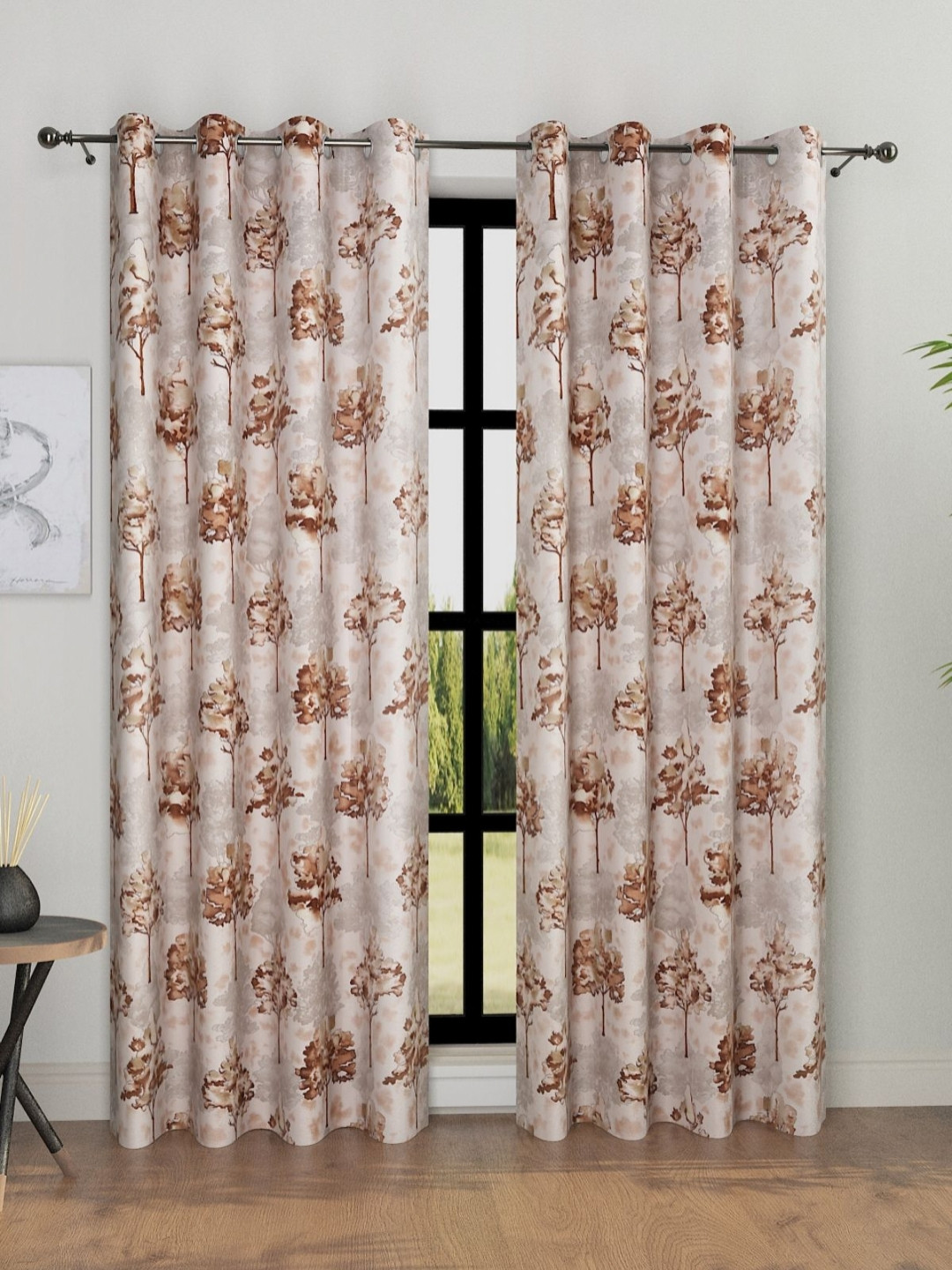 Myntra Elegant Homes Gold-Toned & Brown 2 Pieces Floral Room Darkening Door Curtains