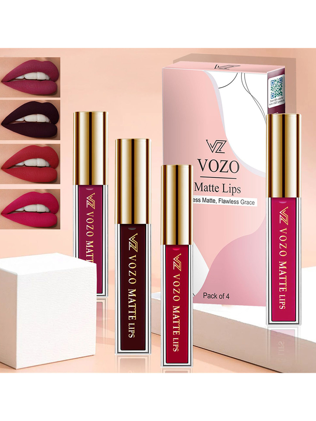 VOZO Set Of 4 Stay-All-Day Matte Liquid Lipstick-4ml Each-101-102-104-204