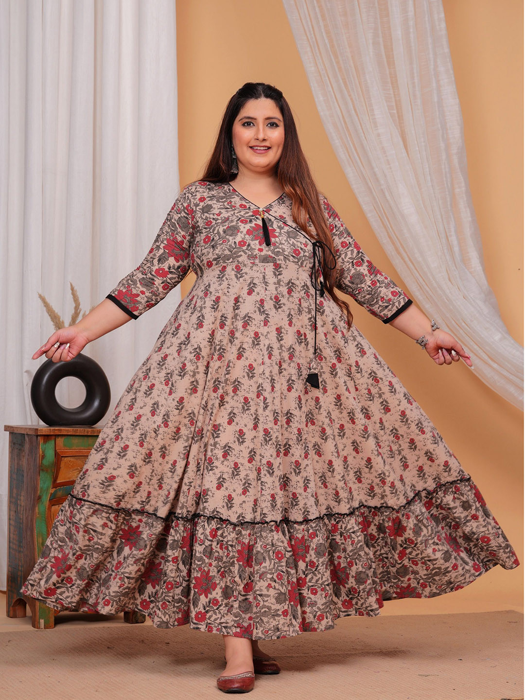 LABULY Plus Size Floral Printed V-Neck Cotton Maxi Fit and Flare Ethnic Dresses