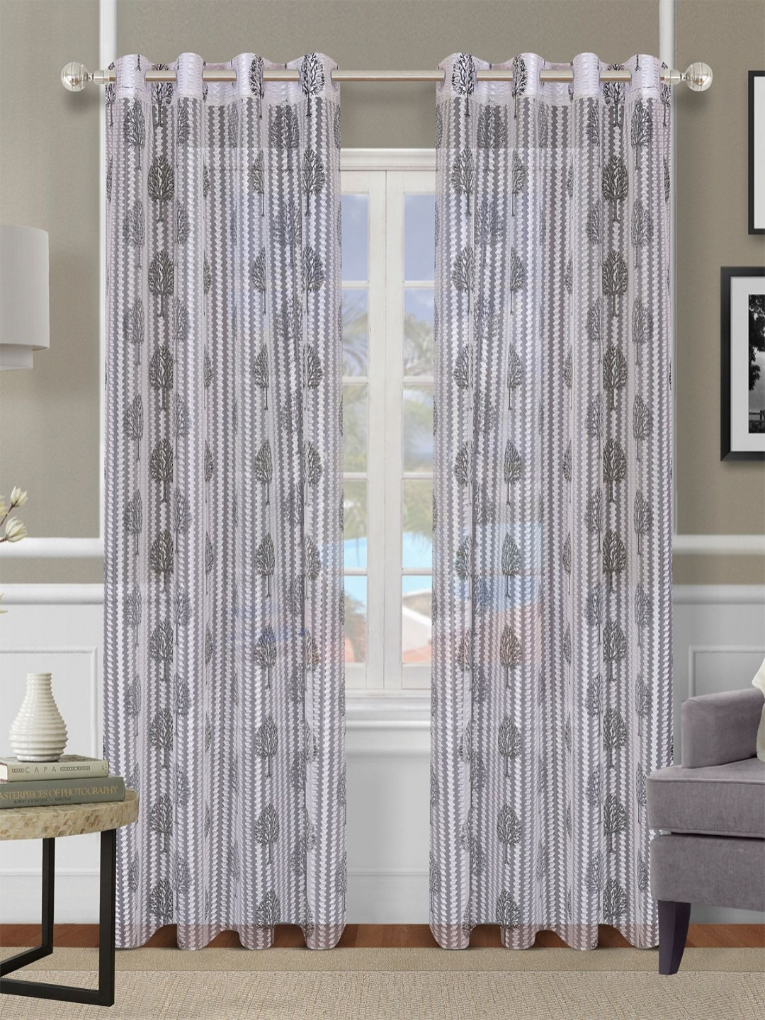 Myntra Elegant Homes Off White & Grey 2 Pieces Tropical Sheer Long Door Curtain