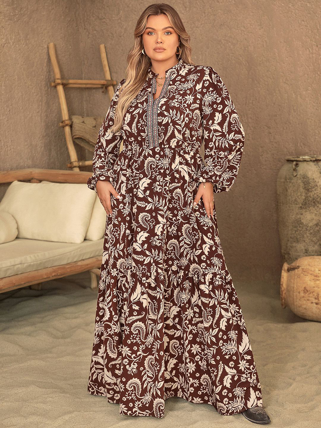 JC Mode Plus Size Floral Printed Mandarin Collar Maxi Dress