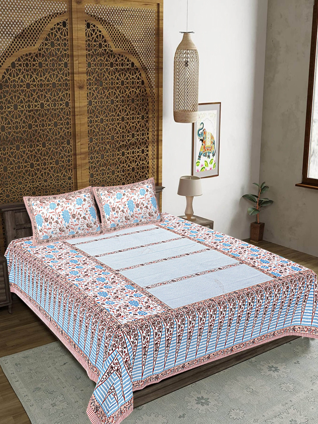 FrionKandy Living White Ethnic Motifs Cotton 180 TC Super King Fine Bedsheet with 2 Pillow Covers-106 x 108 inches