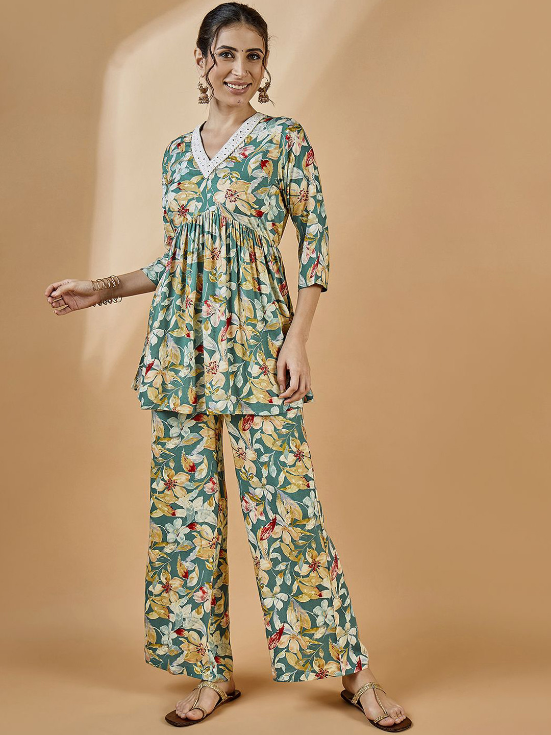 WineRed Floral Printed Naira Cut Tunic With Trousers