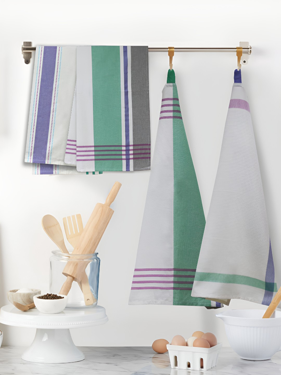 HOME COLORS.IN White & Green 4 Pieces Printed Pure Cotton Kitchen Towels
