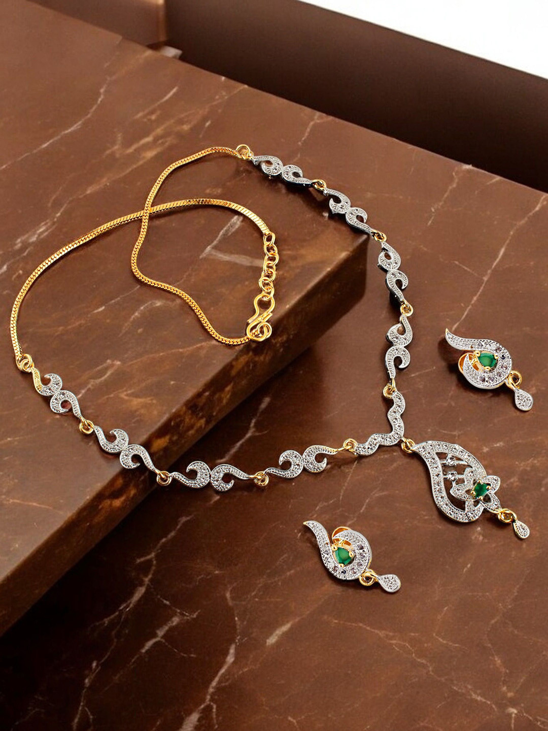 LUCKY JEWELLERY 18KT Gold-Plated American Diamond Studded Jewellery Set