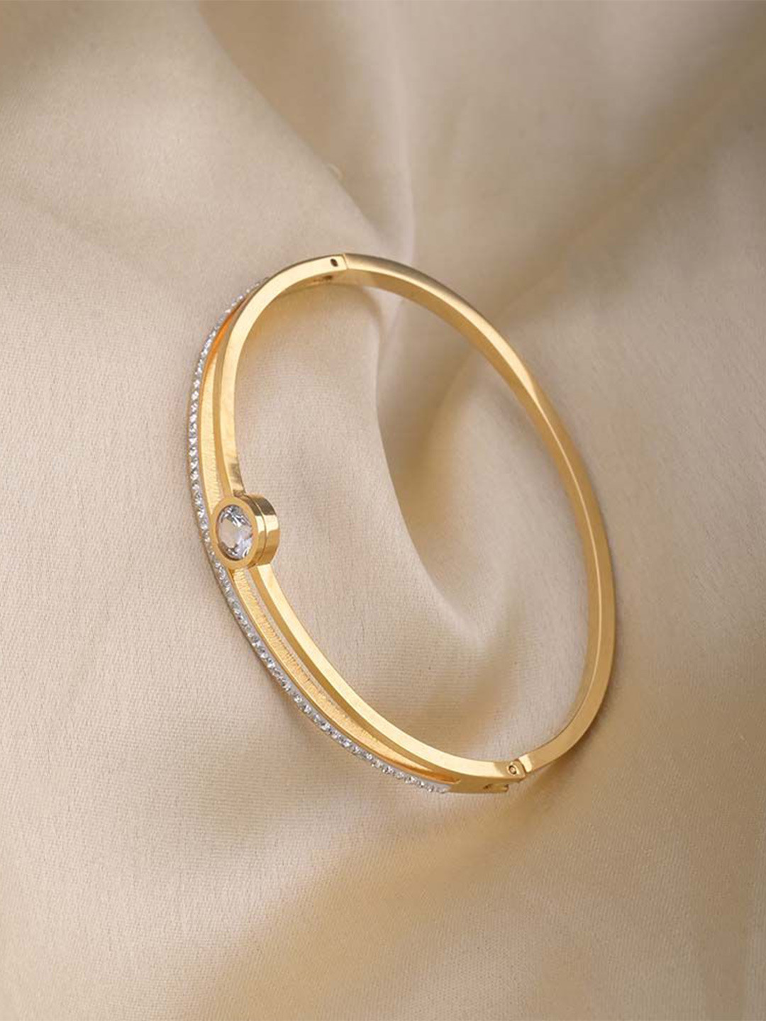 PALMONAS 18K Gold-Plated Stainless Steel Cubic Zirconia Kada Bracelet