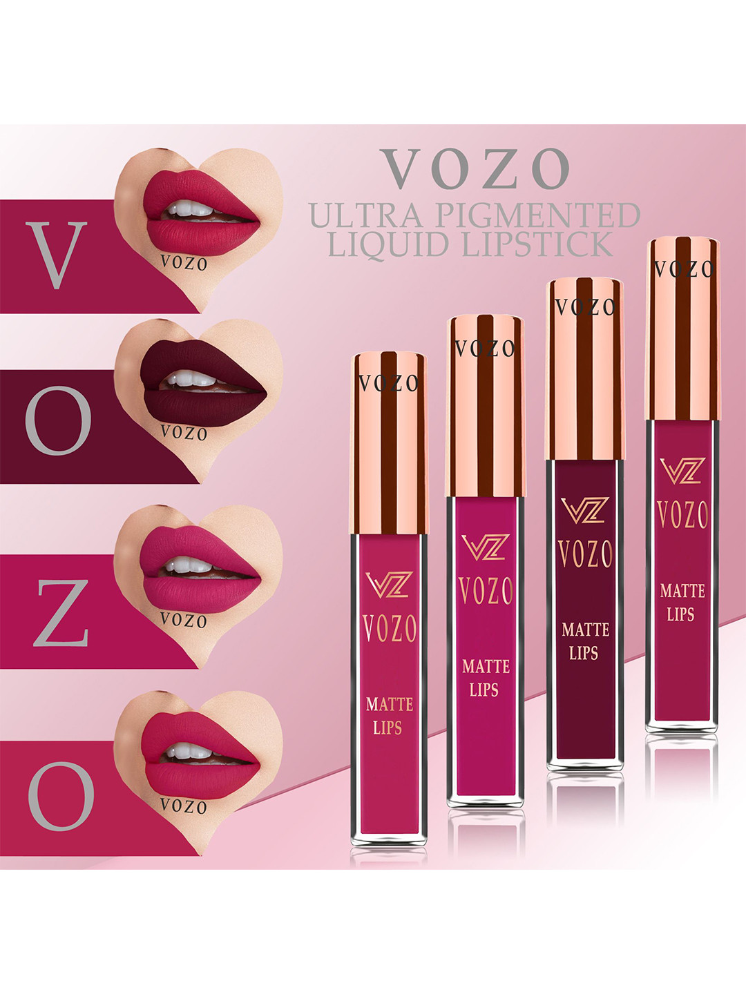 VOZO Set Of 4 Matte Lips Lipstick-Cherry Red 101-Maroon 103-Light Magenta 106-Magenta 204