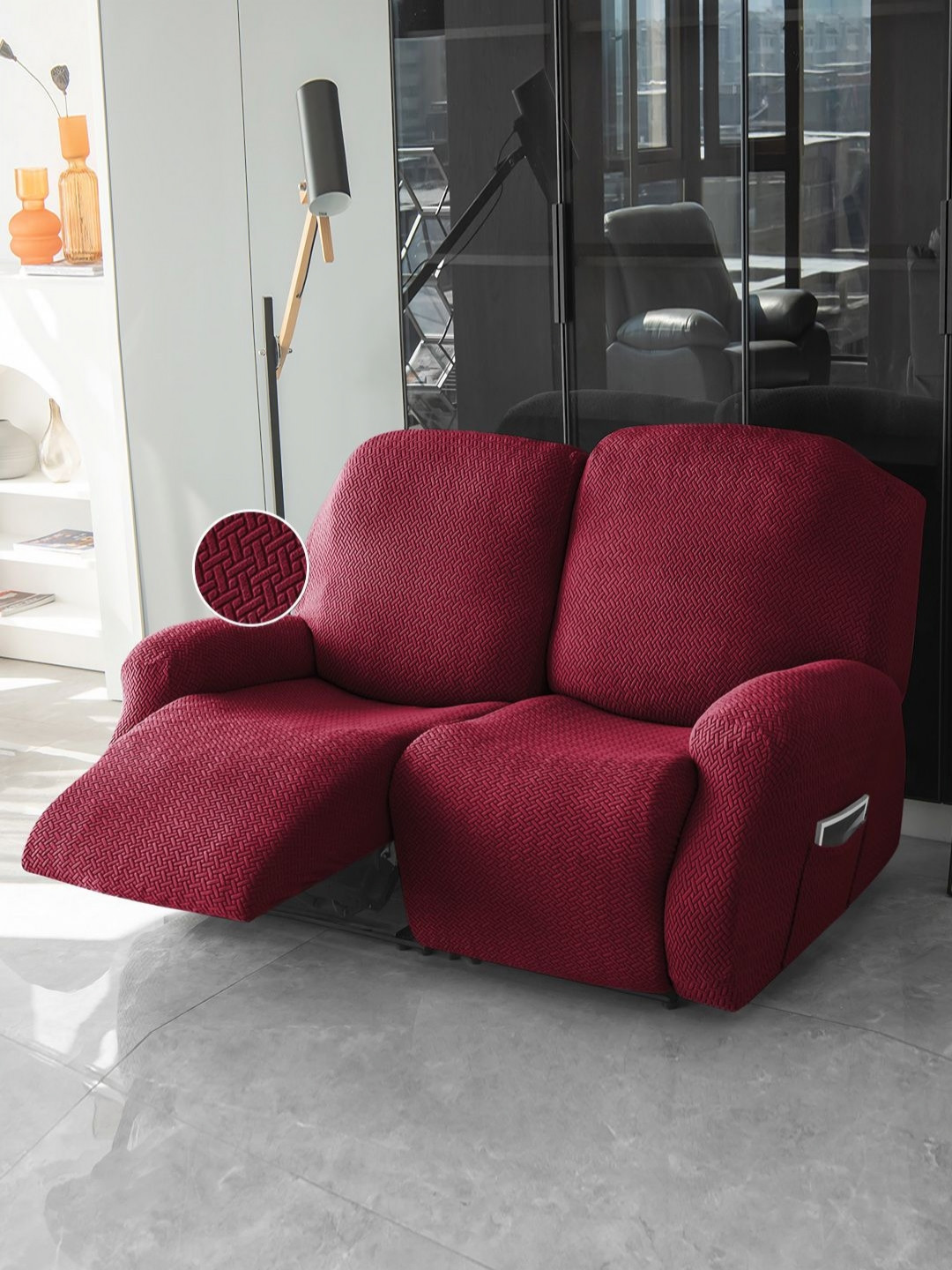 HOKIPO Maroon 2 Seater Jacquard Recliner Sofa Cover With Arms