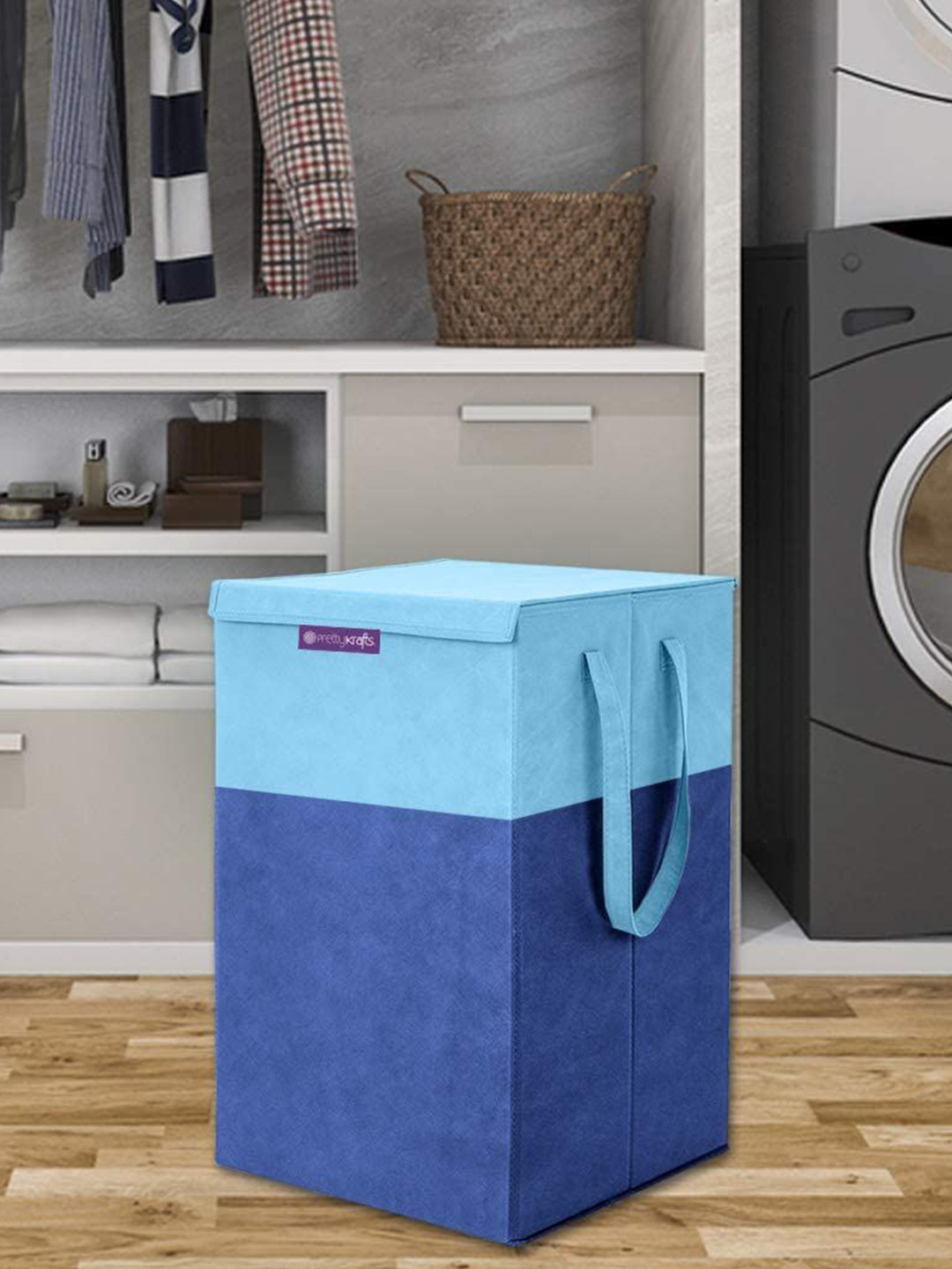 prettykrafts Blue 2 Pieces Colour-Blocked Printed Foldable Laundry Bag With Lid