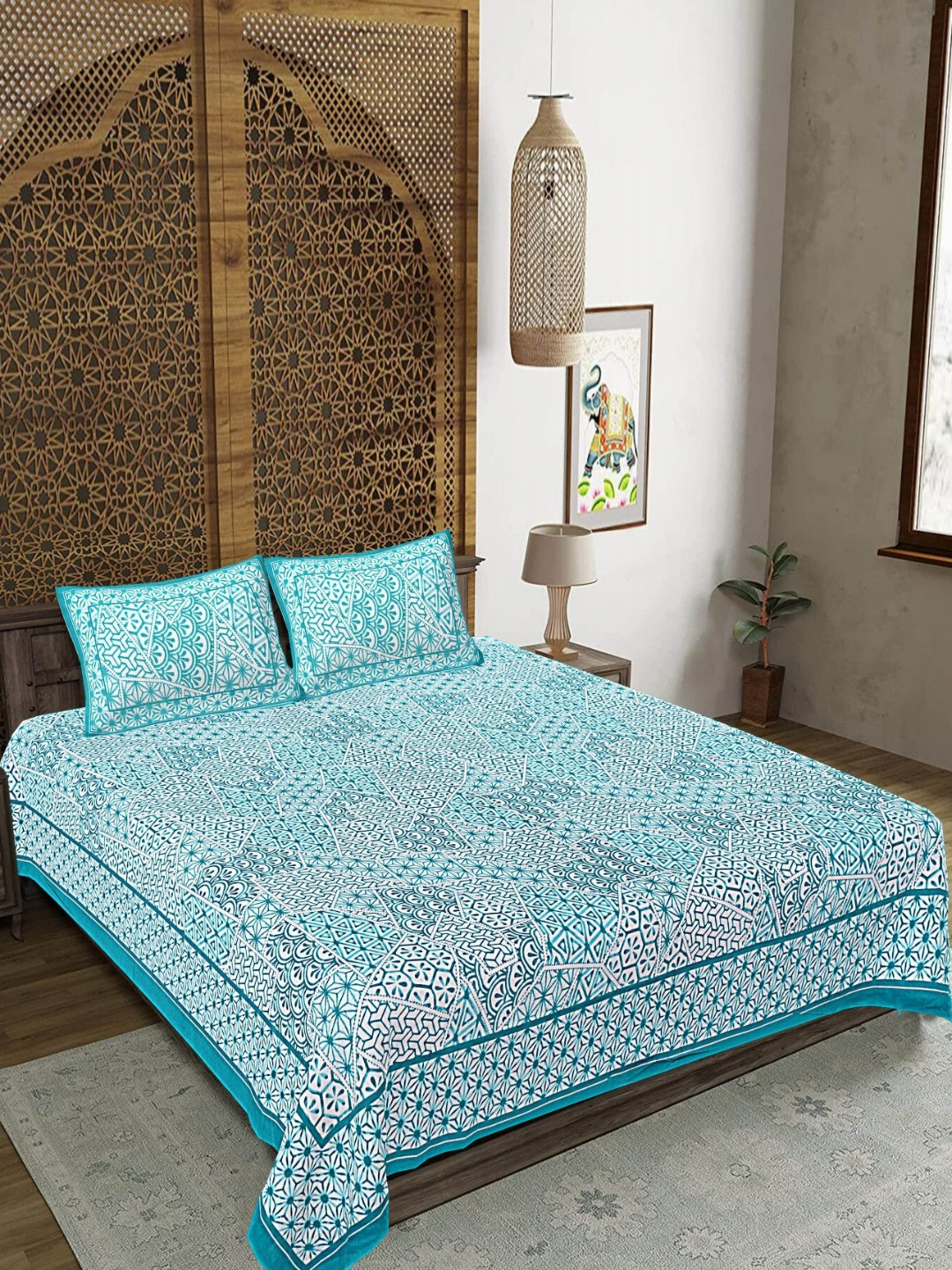 FrionKandy Living Turquoise Blue Ethnic Motifs Cotton 180 TC Super King Fine Bedsheet with 2 Pillow Covers-106 x 108 inches