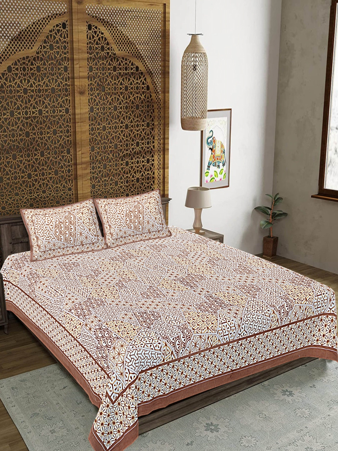FrionKandy Living Brown Graphic Cotton 180 TC King Fine Bedsheet with 2 Pillow Covers-106 x 108 inches