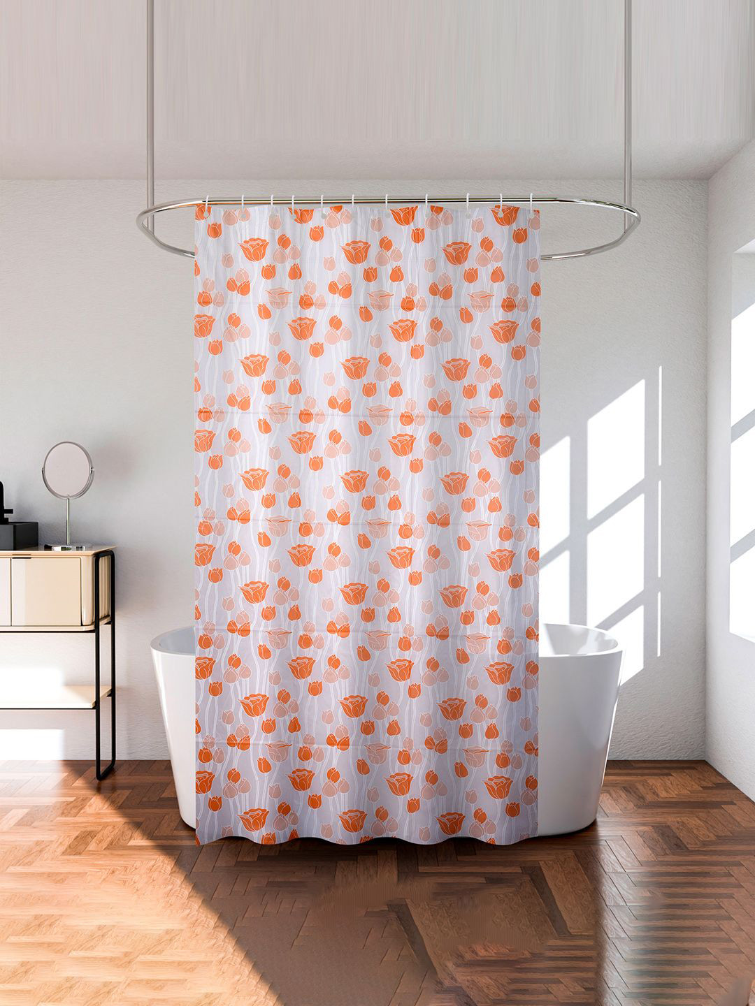 Kuber Industries Orange & White Printed Waterproof Shower Curtains With Rings