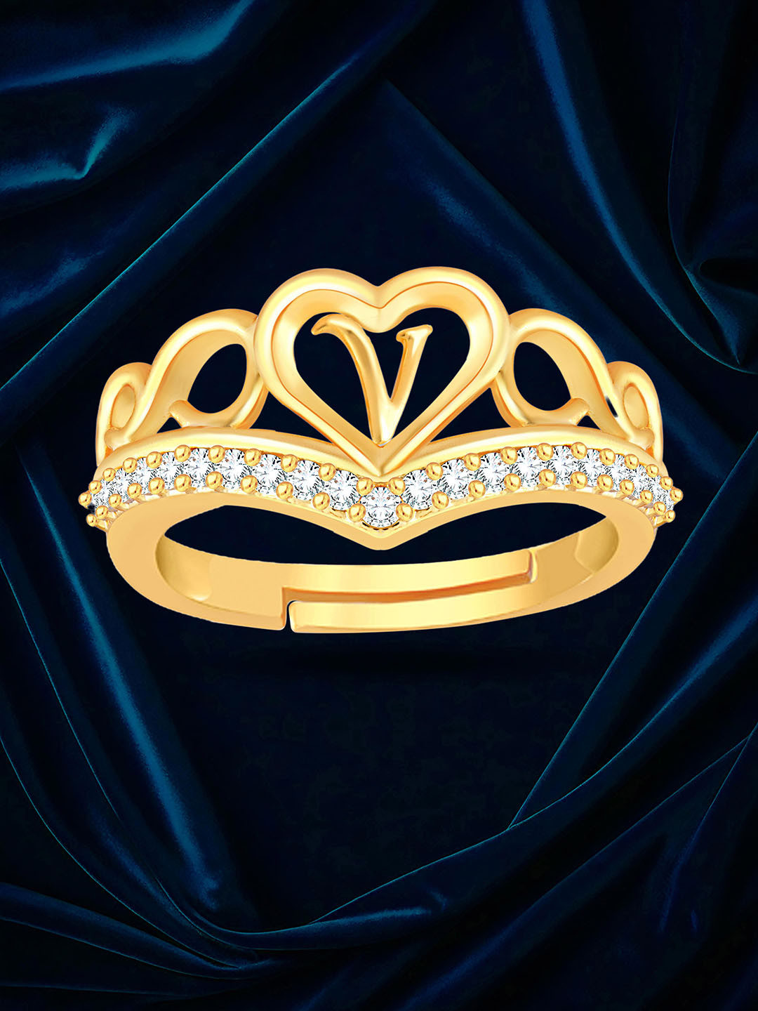 Heer Collection Gold-Plated Heart Shaped With L AD-Studded Finger Ring