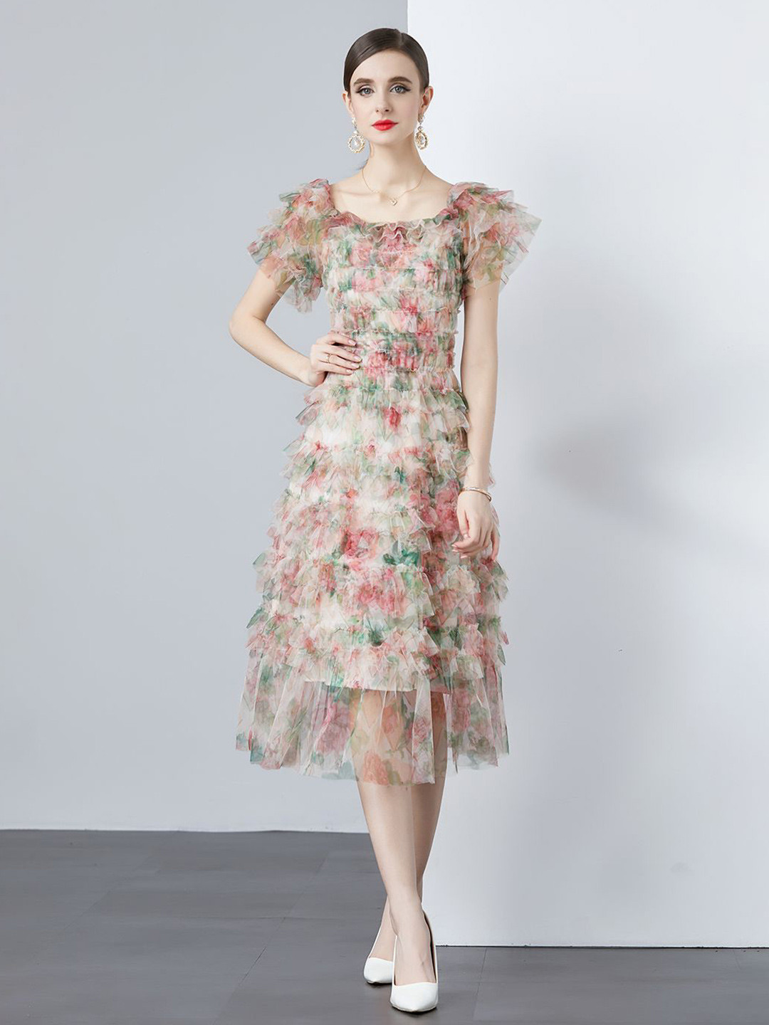 JC Collection Women Floral Printed Sheer Sleeveed Fit & Flare Midi Dress