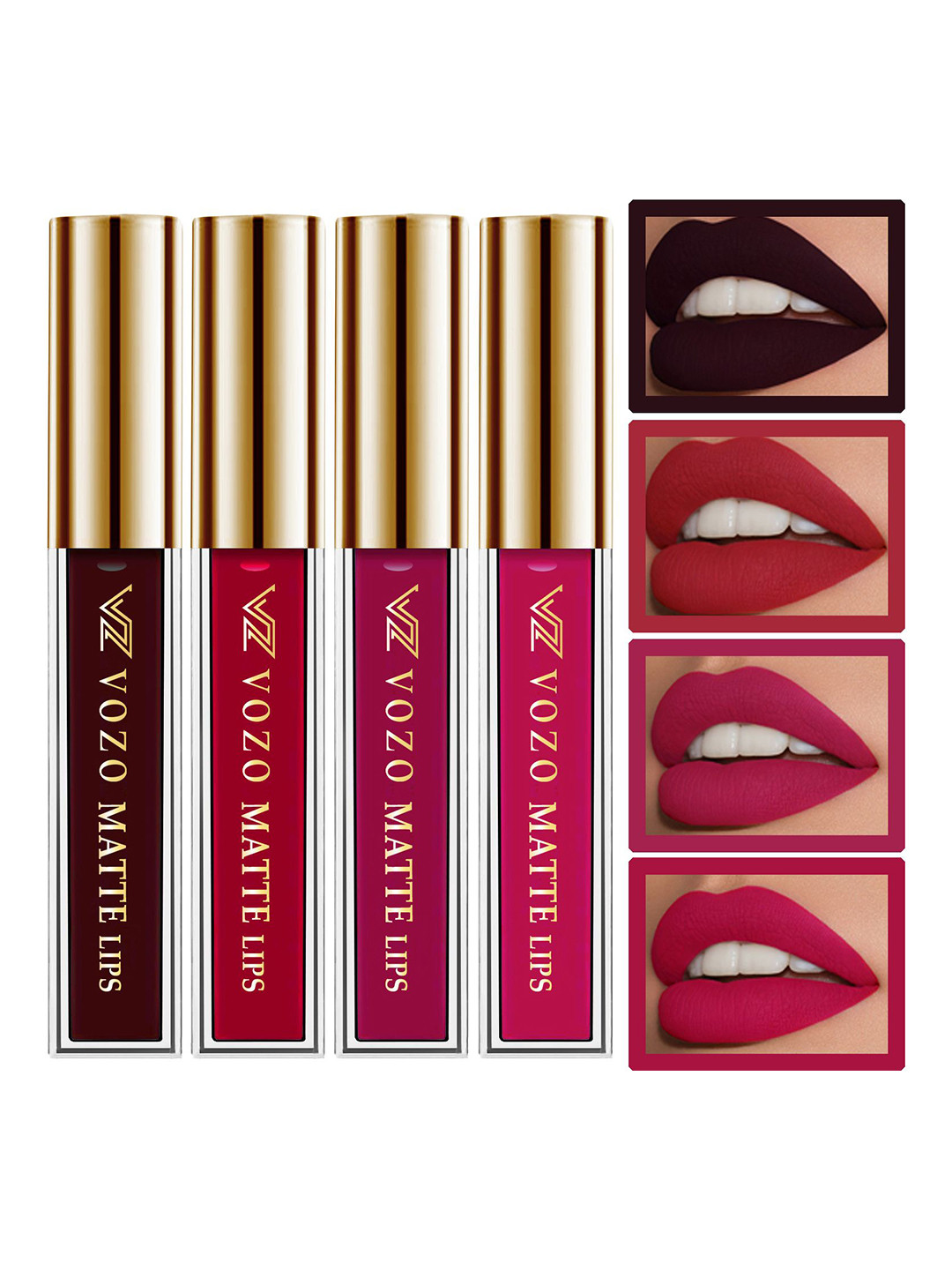 VOZO Set Of 4 Matte Lips Liquid Lipstick- Wine102- Red104- Light Magenta106- Magenta204