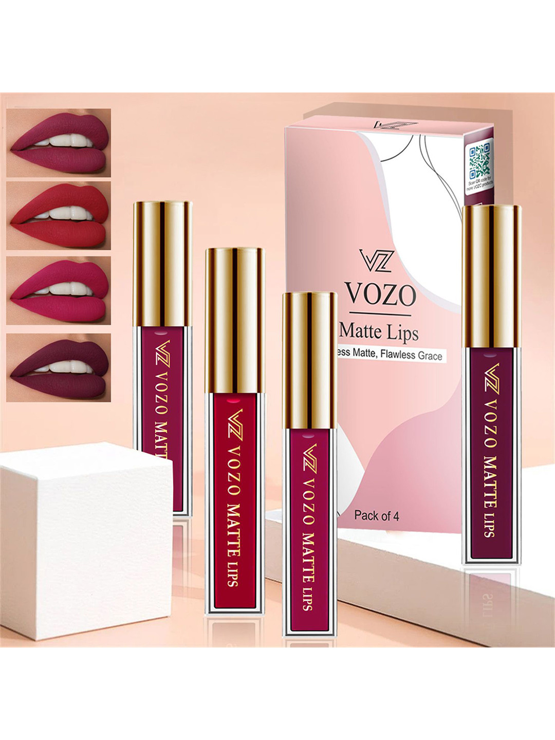 VOZO Set Of 4 Flawless Matte Liquid Lipstick -4ml-101-104-106-201