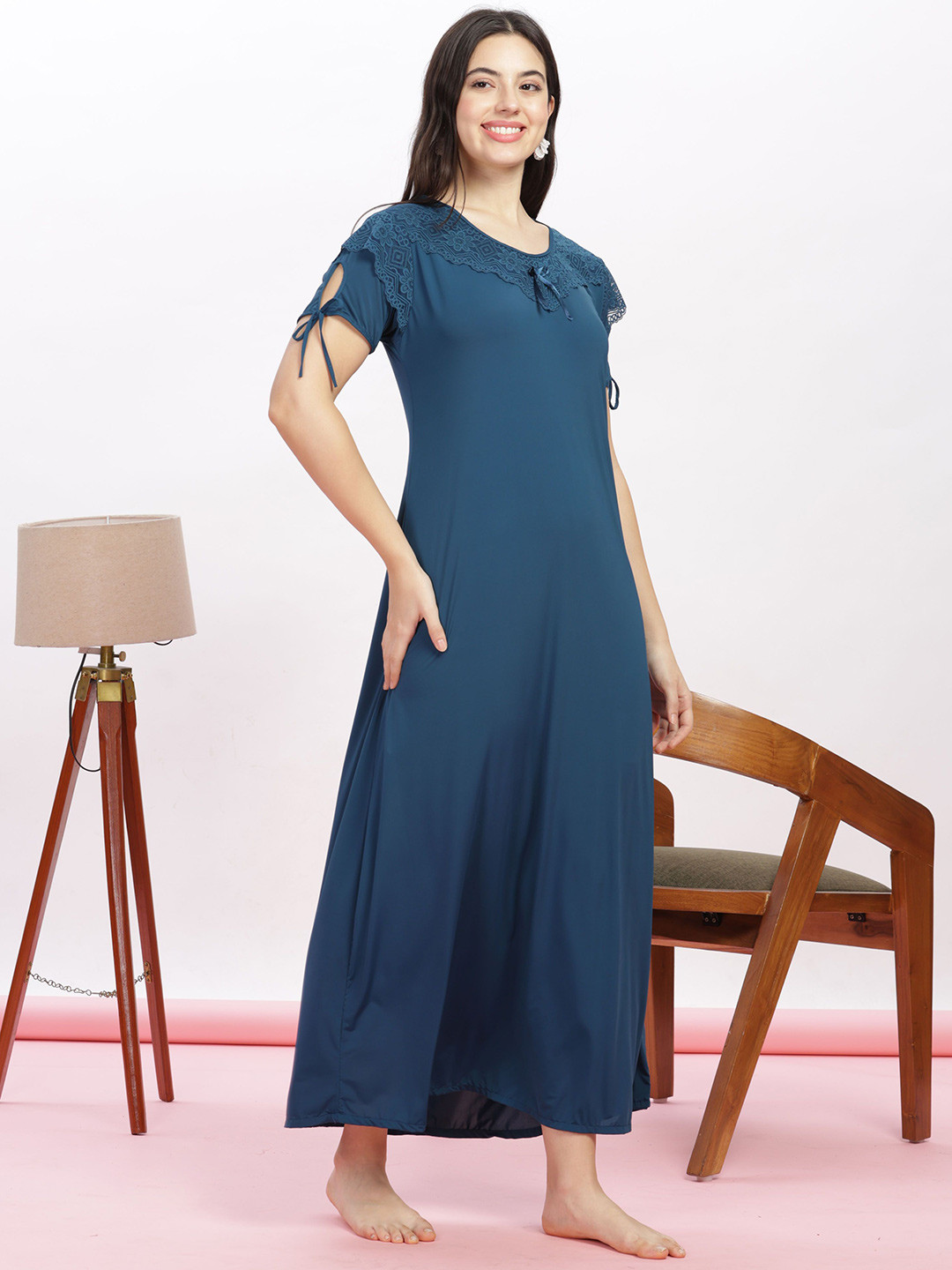 9shines Label Blue Malai Modal Designer Nightdress with Feminine Lace Accents Nightgown