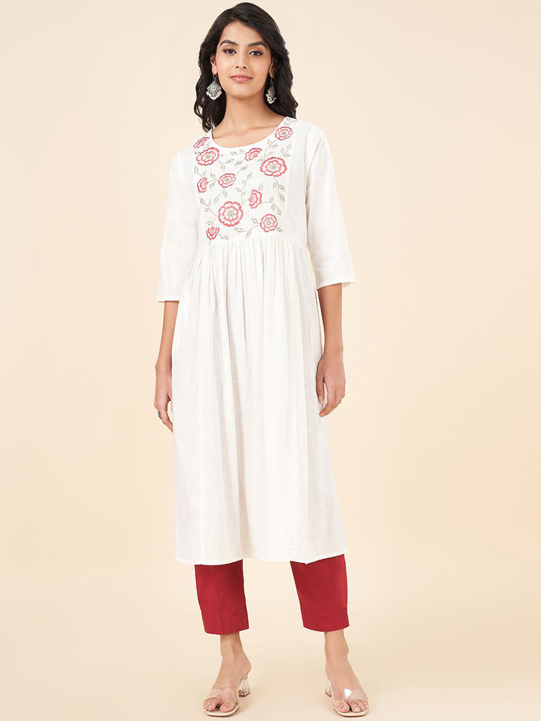 RANGMANCH BY PANTALOONS Floral Yoke Design Thread Work Pleated Cotton A-Line Kurta