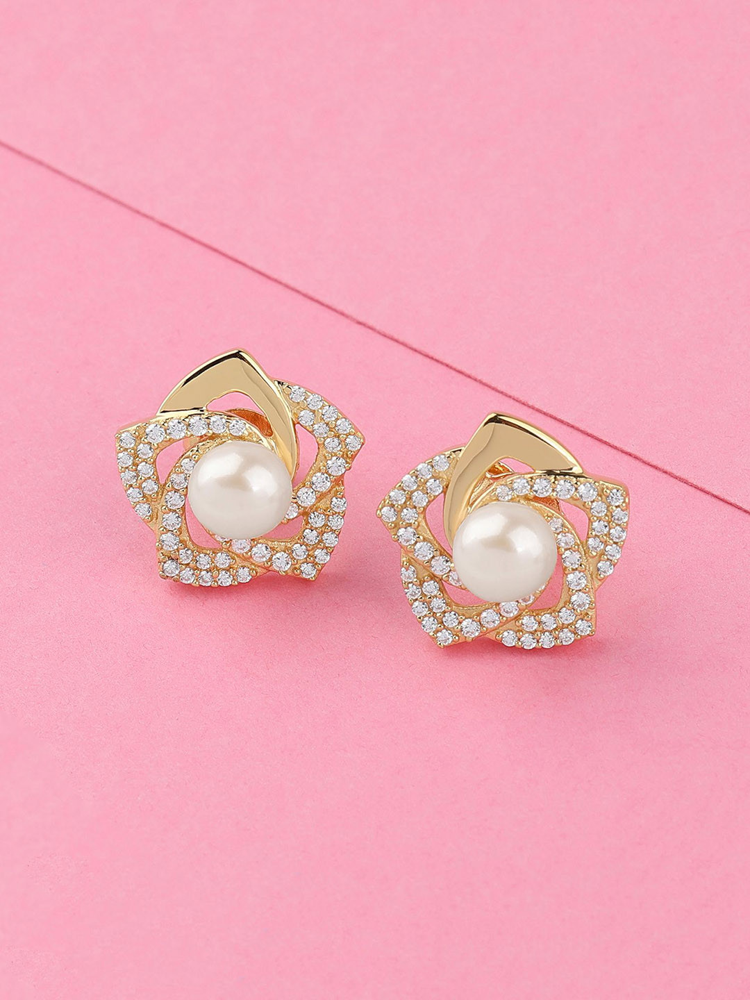 Ornate Jewels 925 Sterling Silver 18K Gold Plated Freshwater Pearl Flower Stud Earring
