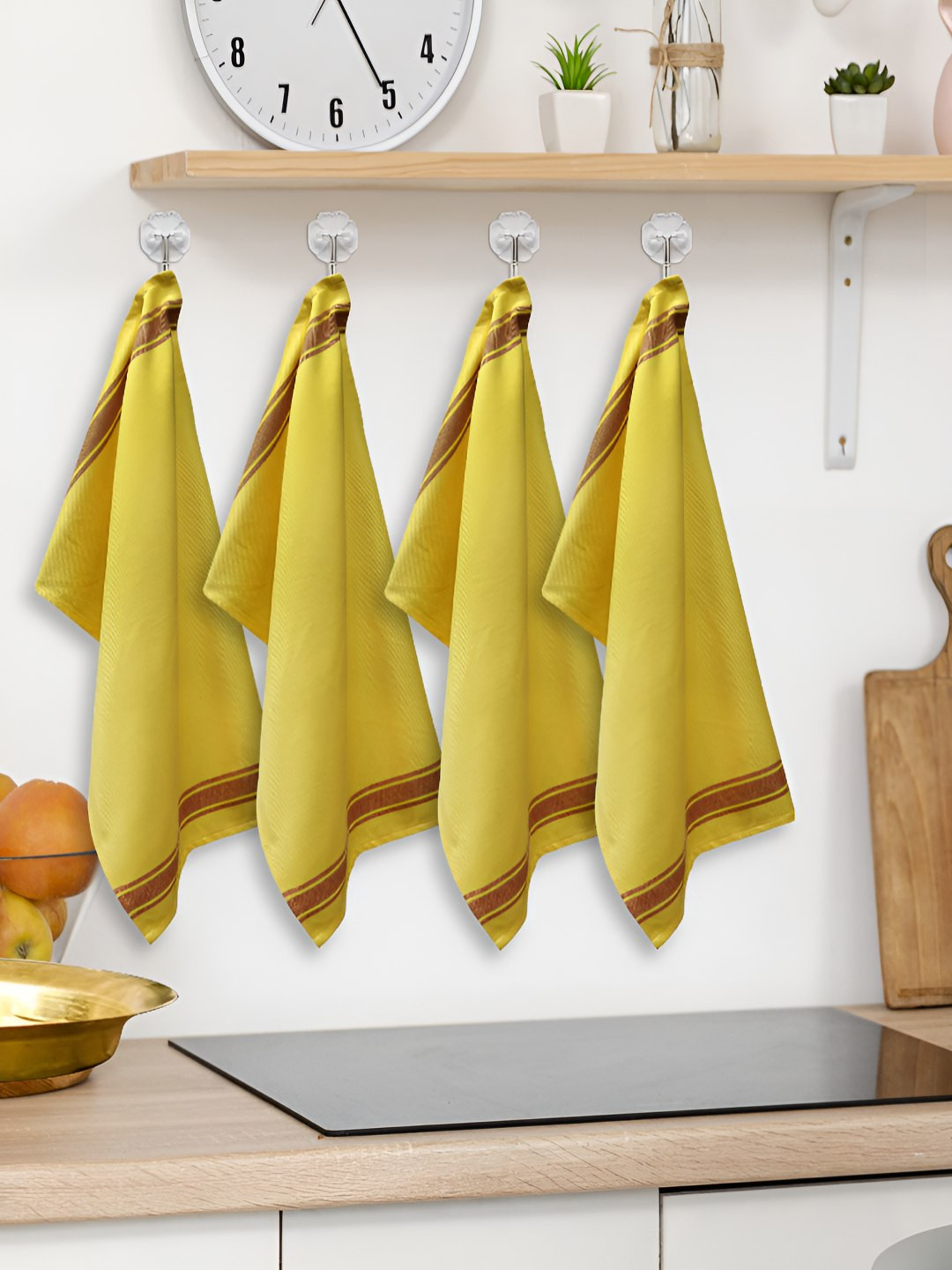 HOME COLORS.IN Yellow & Brown 4 Pieces Striped Pure Cotton Kitchen Towels