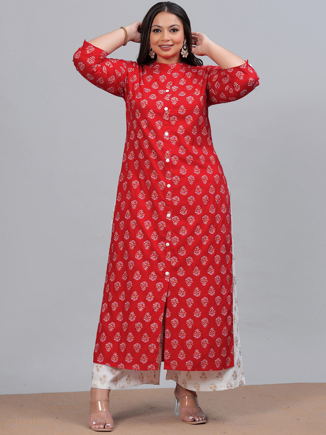 LABULY Plus Size Floral Printed Mandarin Collar Straight Kurta with Palazzos