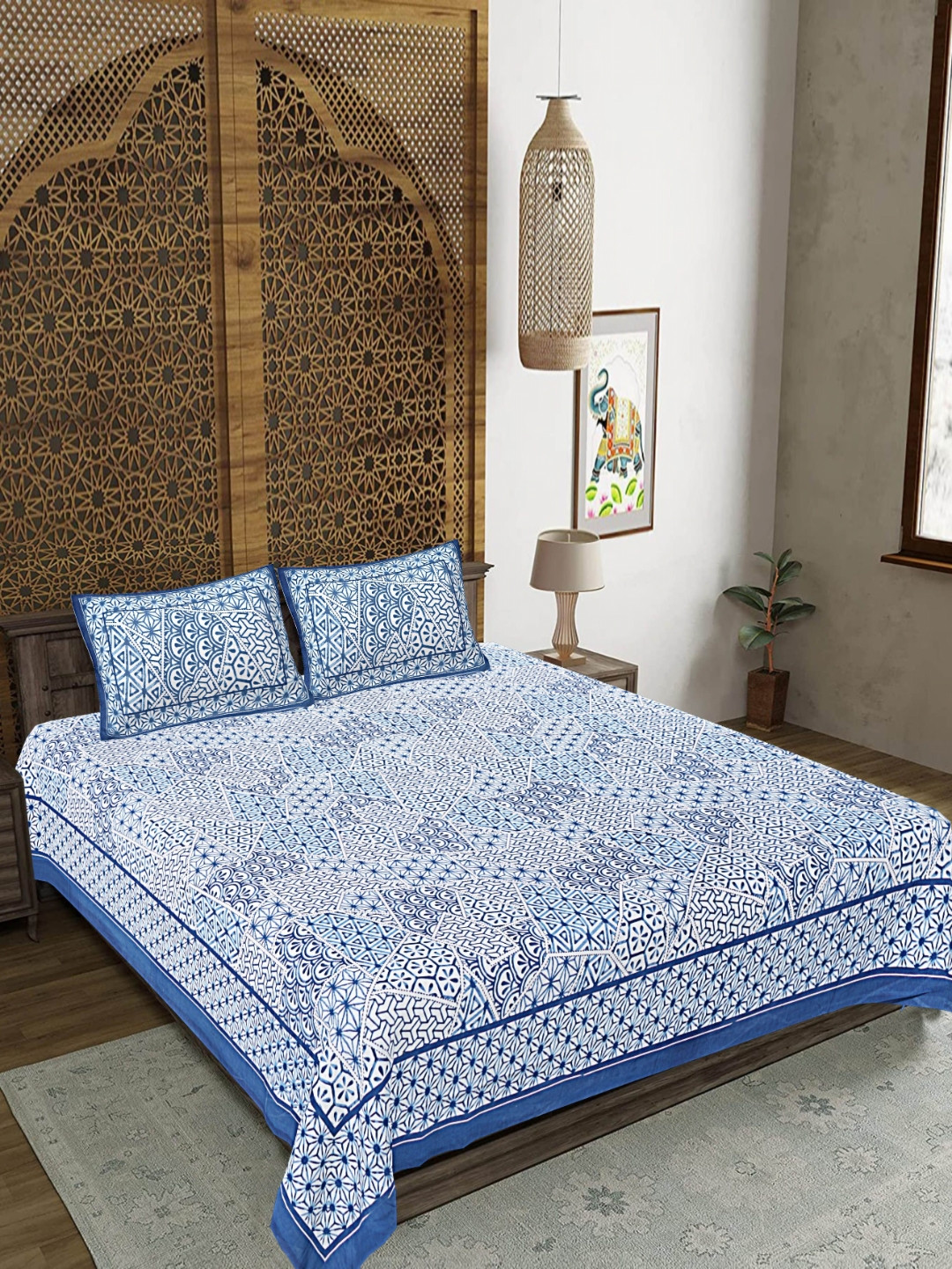 FrionKandy Living Blue Floral Cotton 180 TC Super King Fine Bedsheet with 2 Pillow Covers-106 x 108 inches