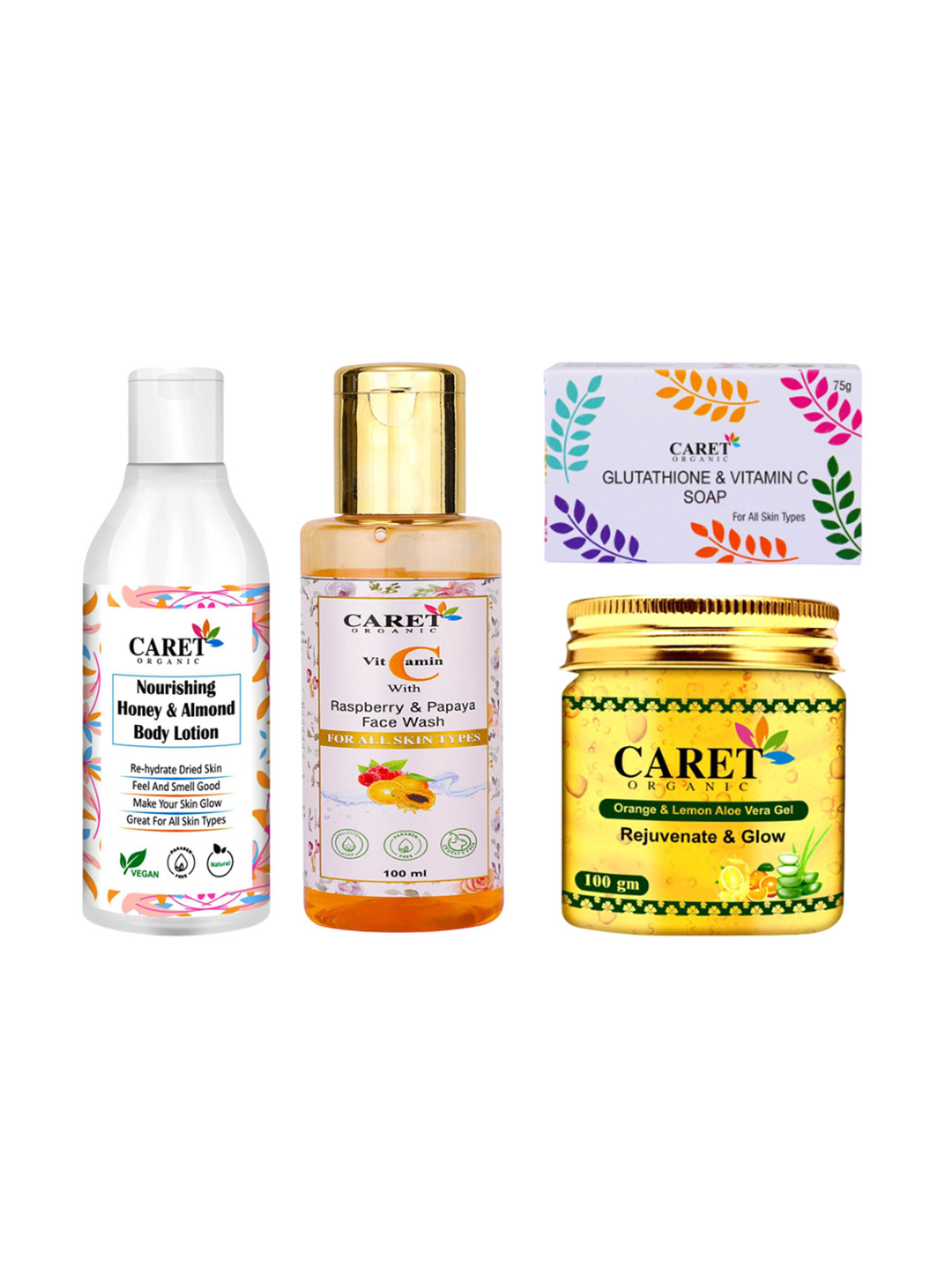 CARET ORGANIC Body Lotion Vitamin C Face Wash Glutathione Soap & Orange Gel Combo