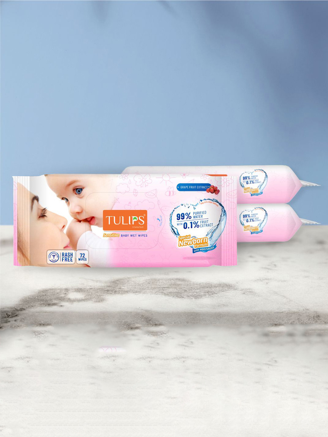 TULIPS Set Of 3 Sensitive Baby Wet Wipes With Grape Fruit Extracts Vitamin E-72 Pc Each