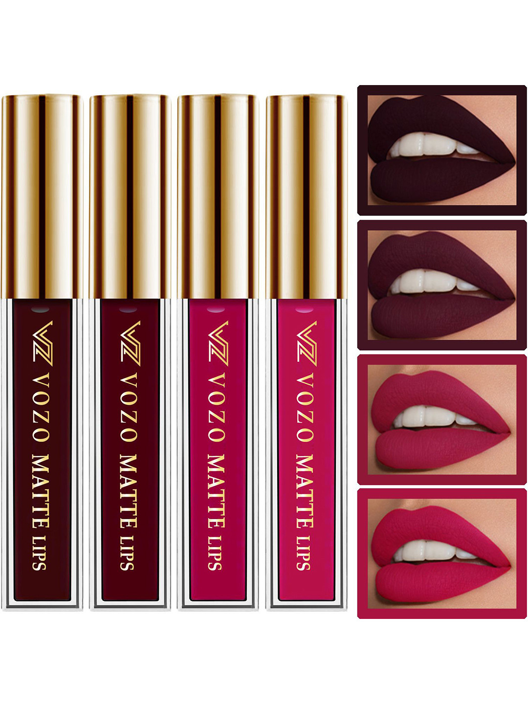 VOZO Set Of 4 Matte Lips Liquid Lipstick- Cherry Red 101-Magenta 105-Wine 201-Magenta 204