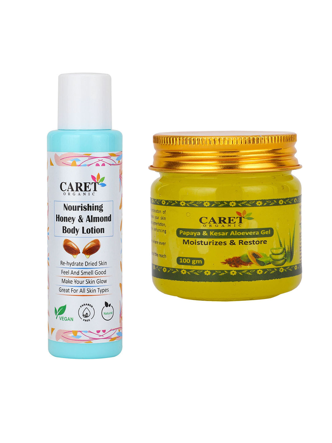 CARET ORGANIC Set Of 2 Kesar Aloevera Gel-100g & Almond Body Lotion-100ml
