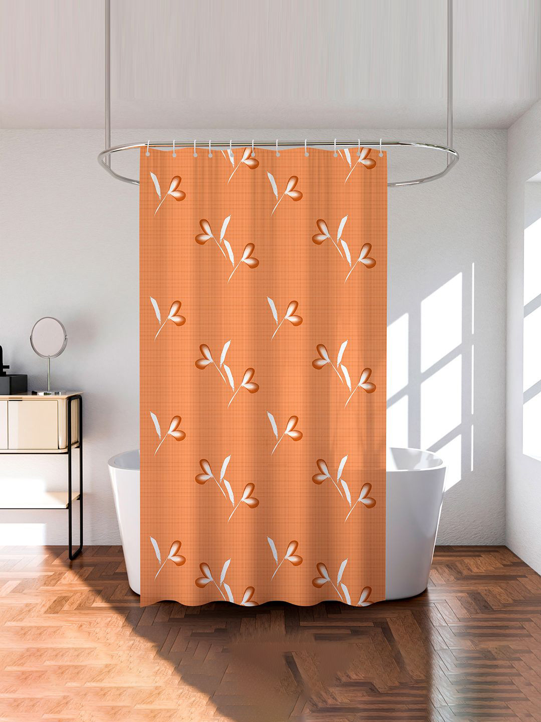 Kuber Industries Beige & White Printed Waterproof Shower Curtain With Rings