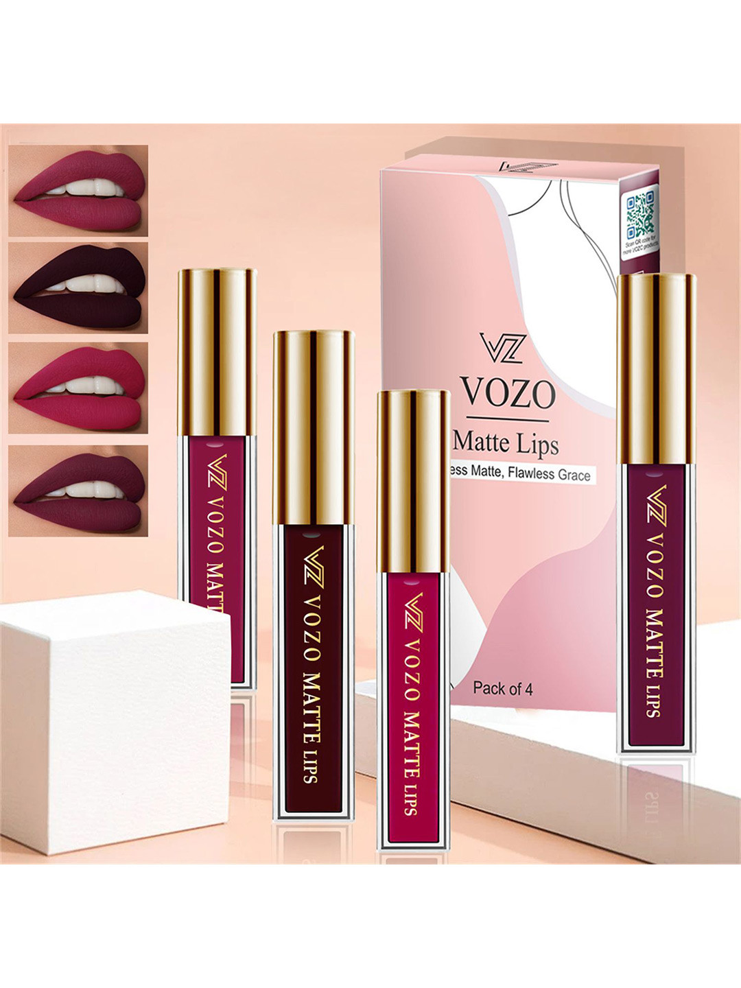 VOZO Set Of 4 Matte Lips Liquid Lipstick Cherry Red 101-Wine 102-Magenta 105-Wine 201