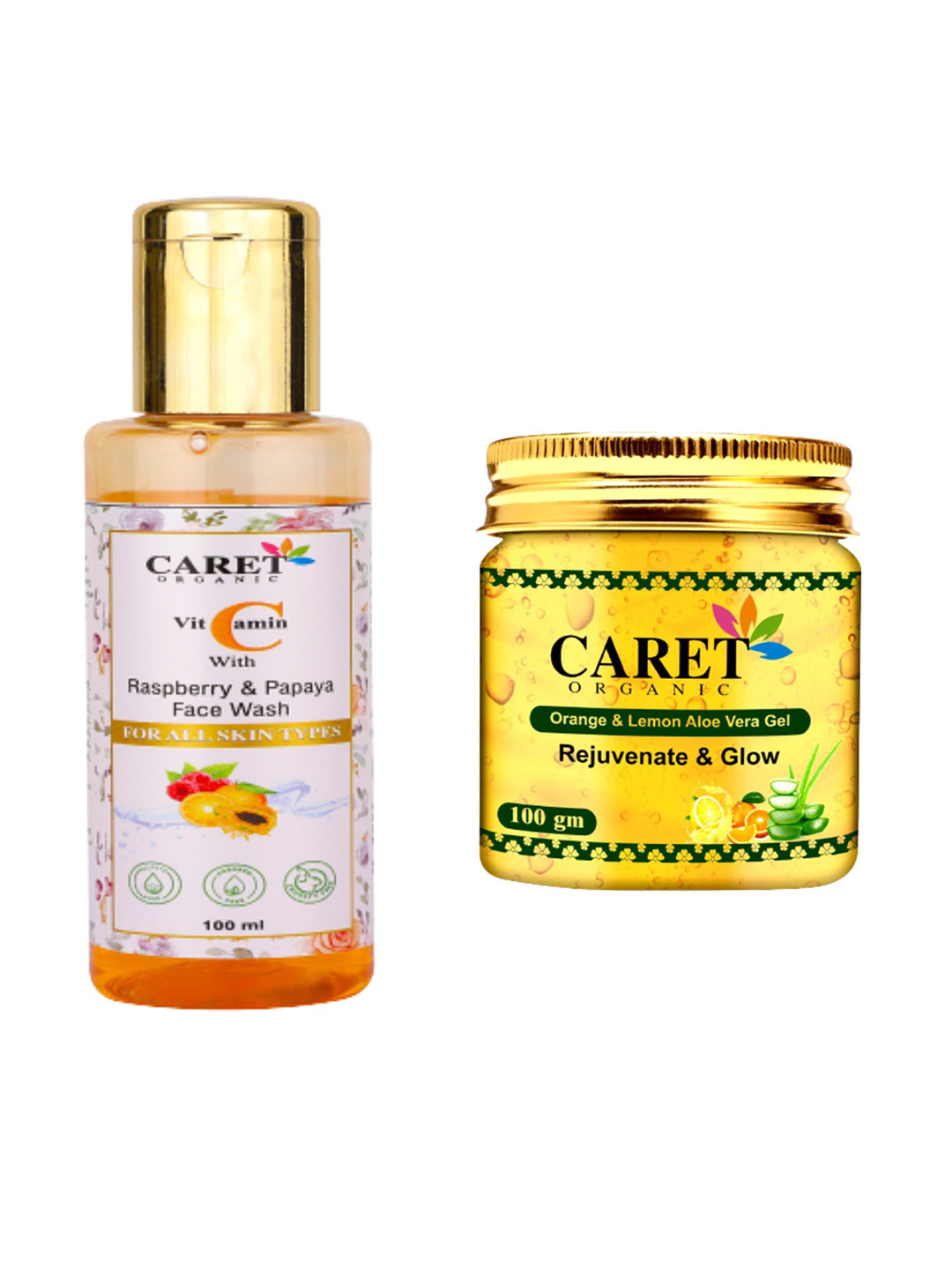 CARET ORGANIC Raspberry & Papaya Face Wash 100 ml With Orange, Lemon Aloevera Gel 100 g