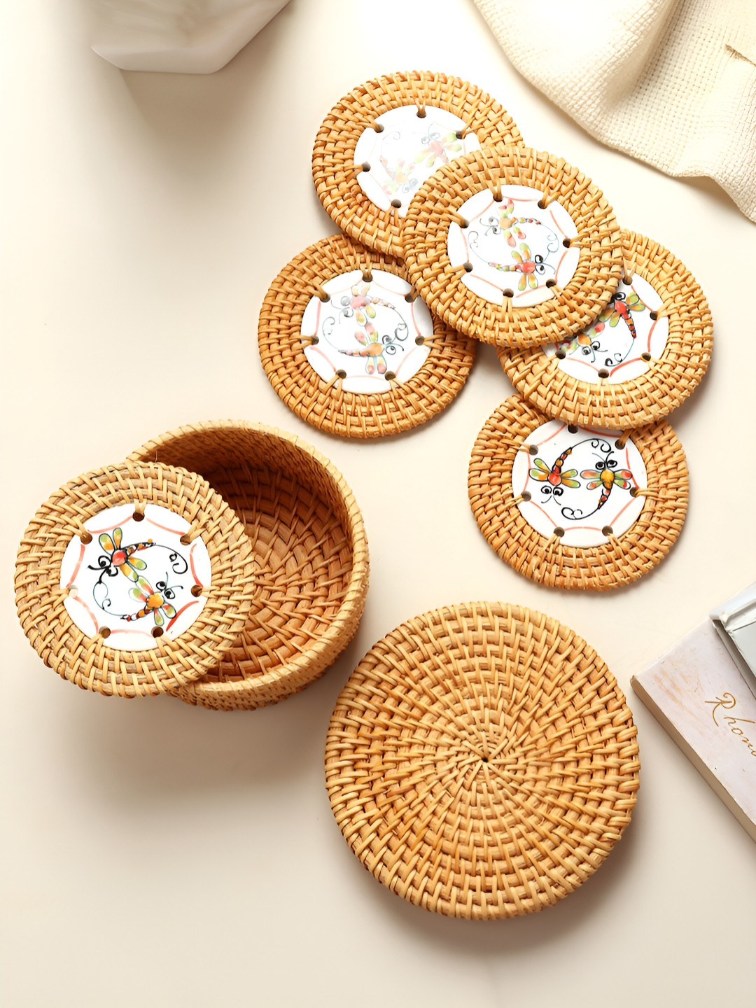 HABERE INDIA Brown 6 Pieces Round Rattan Coasters With Storage Box