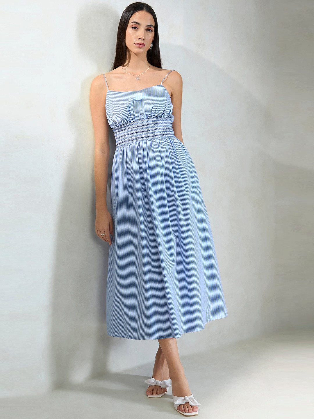 Virgio Pure Cotton Waist Smocked Stripe Dress