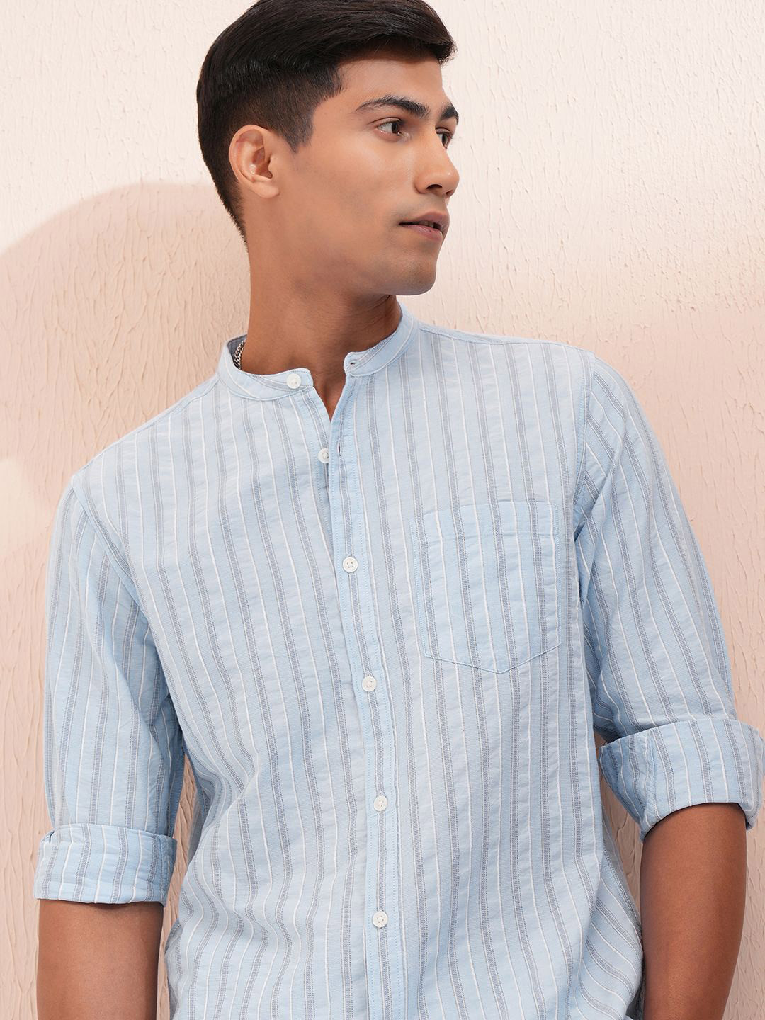 LOCOMOTIVE Premium Men Dobby Tetu Stripped Mandrain Collar Casual Shirt