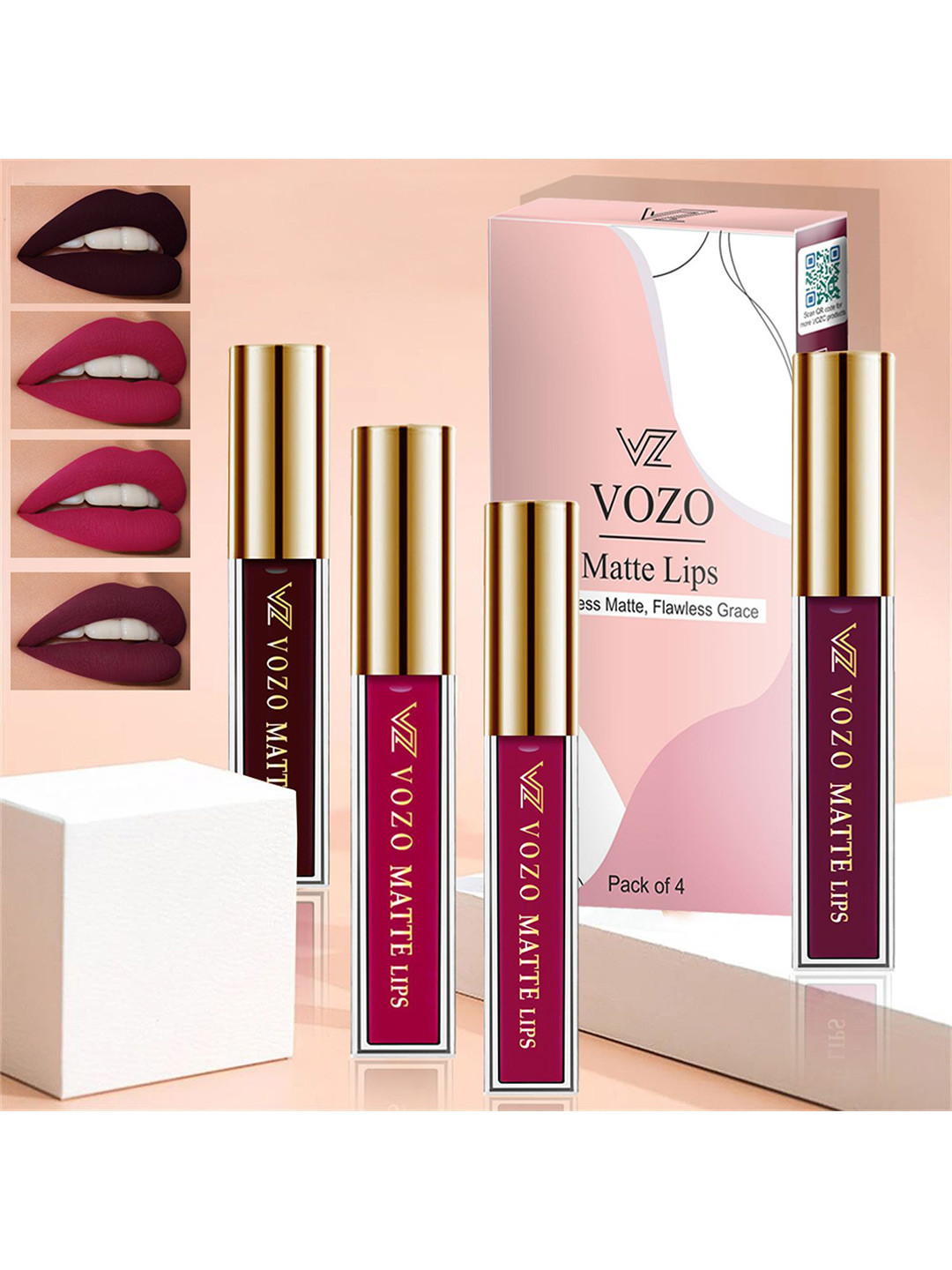 VOZO Set Of 4 Matte Lips Liquid Lipstick- Wine102- Magenta105- Light Magenta106- Wine 201