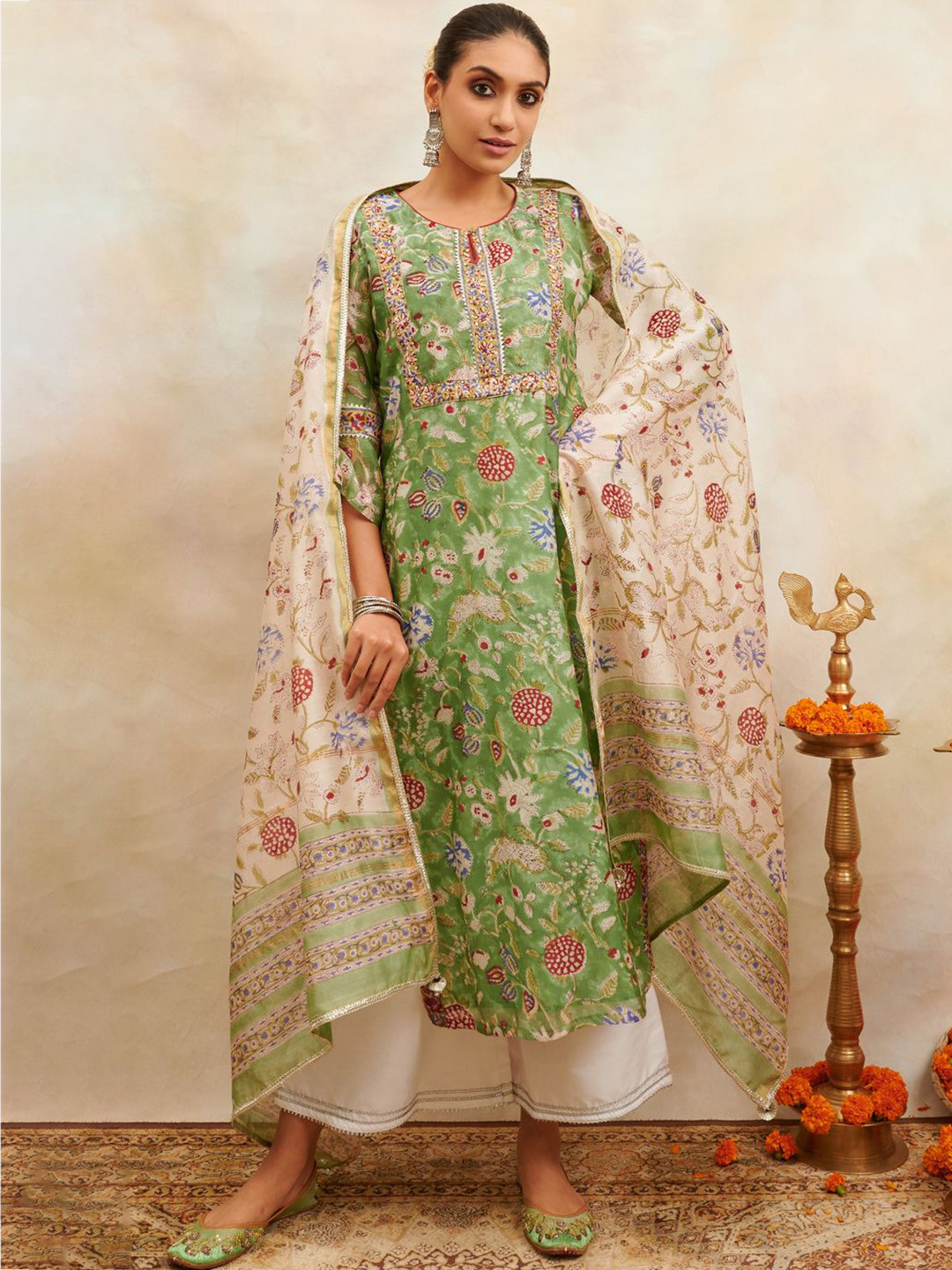 Tahiliya Green & Pink Block Printed Chanderi Silk Kurta
