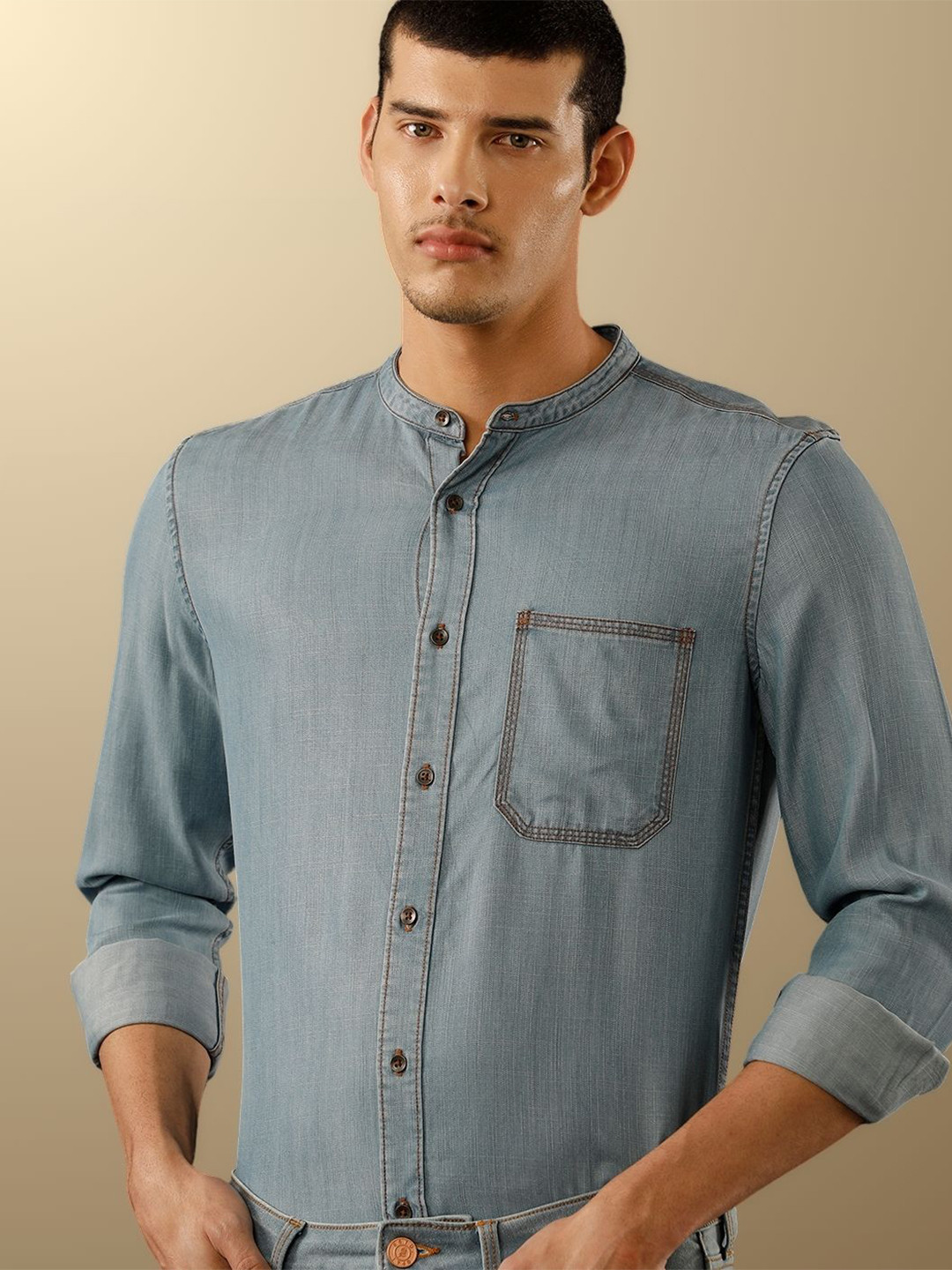 TEMPLE OF DENIM Men India Slim Band Collar Solid Denim Casual Shirt
