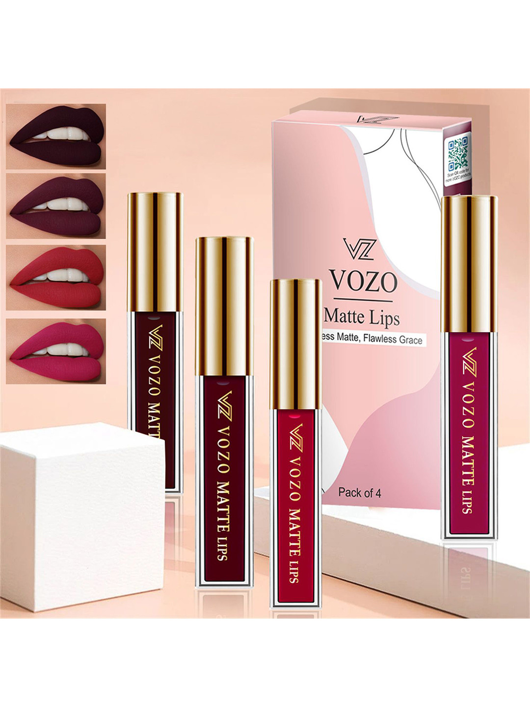 VOZO Set Of 4 Matte Lips Liquid Lipstick- Wine 102-Maroon 103-Red 104-Light Magenta 106