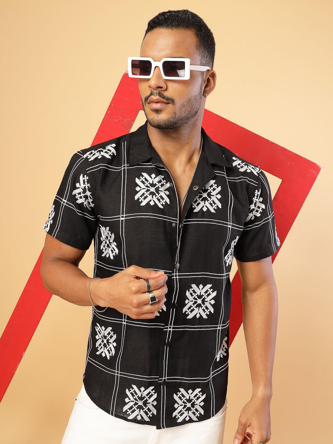 Rigo Men Comfort Cuban Collar Ethnic Motifs Printed Linen Casual Shirt