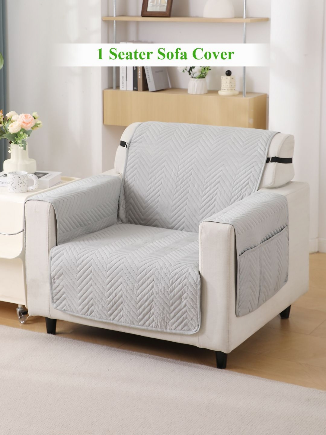 HOKIPO Grey Polyester 1 Seater Sofa Mat with Pockets