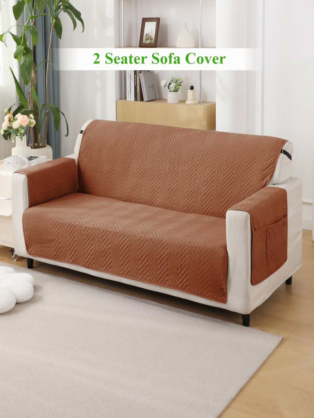 HOKIPO Brown Polyester 2 Seater Sofa Mat with Armrest & Pockets