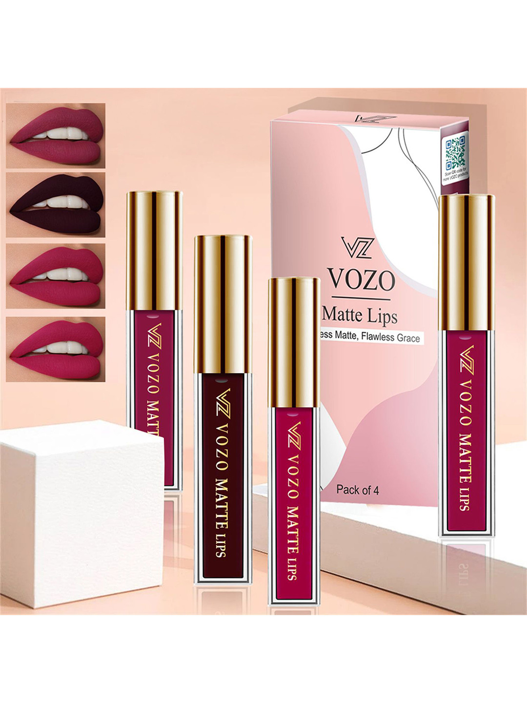 VOZO Set Of 4 Matte Lips Liquid Lipstick-Cherry Red101-Wine102-Magenta105-Light Magenta106